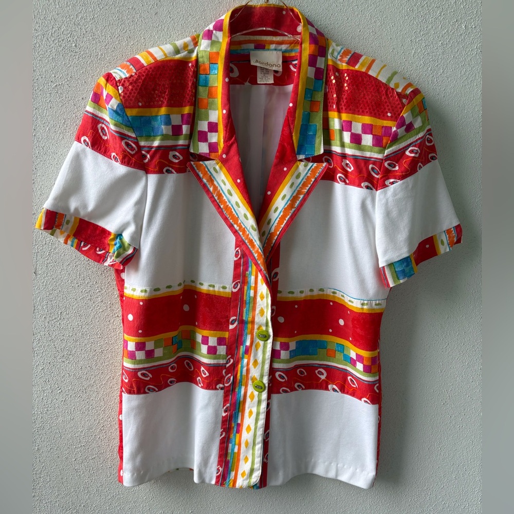 Vintage Jordana Short Sleeve Artsy 2 Button Jacket Size M Bright Grannycore